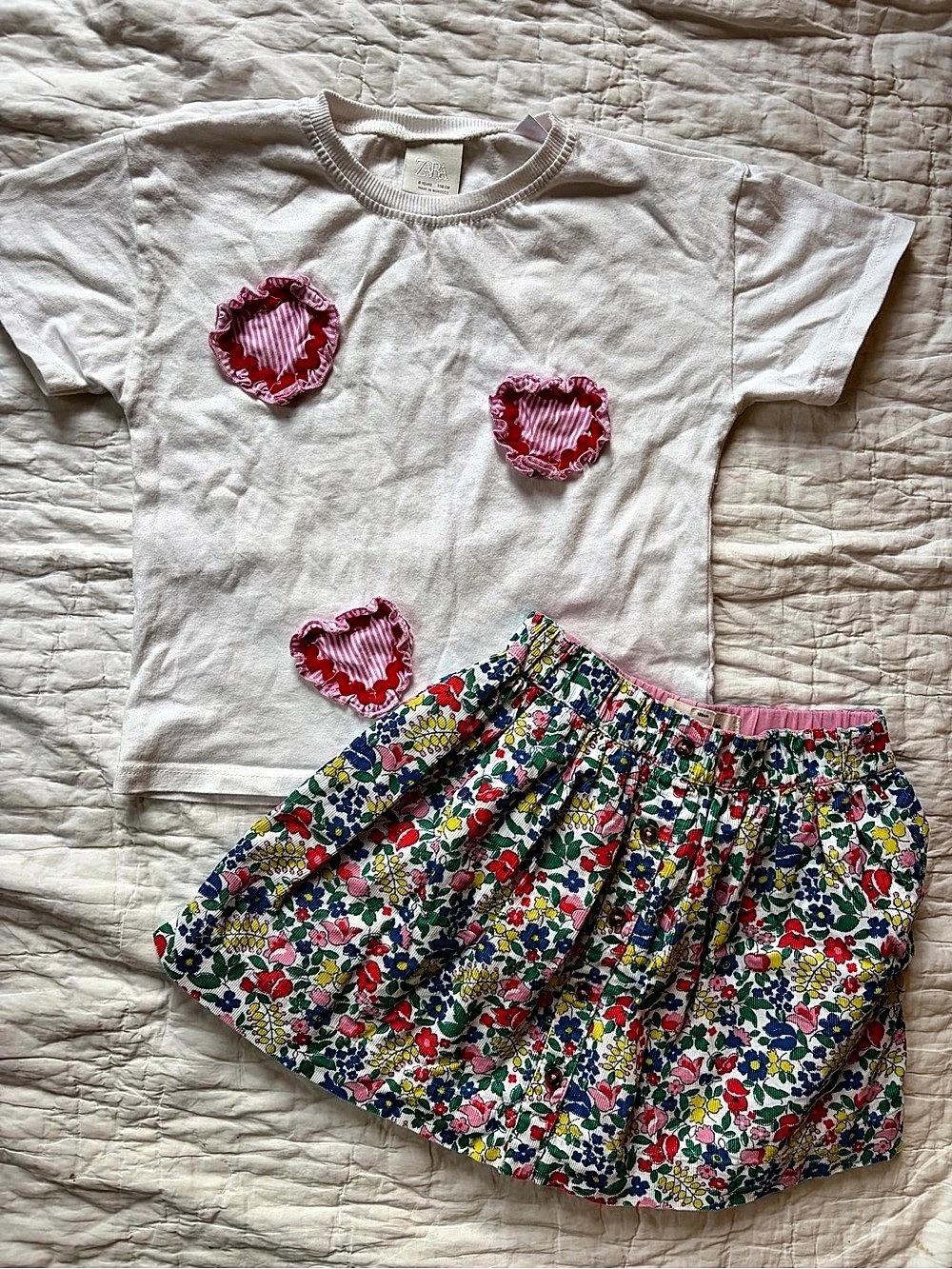 Mini Boden Floral Skirt and Zara Heart T-Shirt Set, Girls 6-7Y